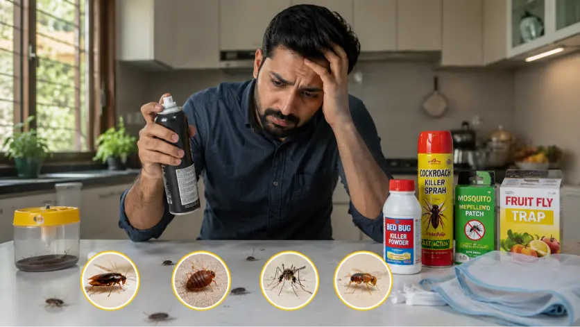 Frustrated homeowner using DIY pest control while pests remain in the kitchen.