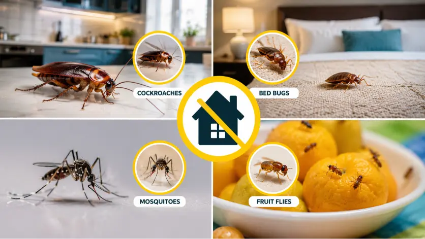 Common household pests including cockroaches, bed bugs, mosquitoes, and fruit flies indoors.