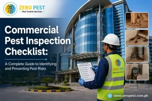 Commercial Pest Inspection Checklist showing a technician inspecting a commercial building for termite and pest risks.