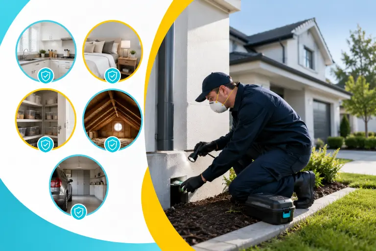 Professional rat control services technician inspecting a home's exterior to prevent rat infestations and protect indoor living spaces.