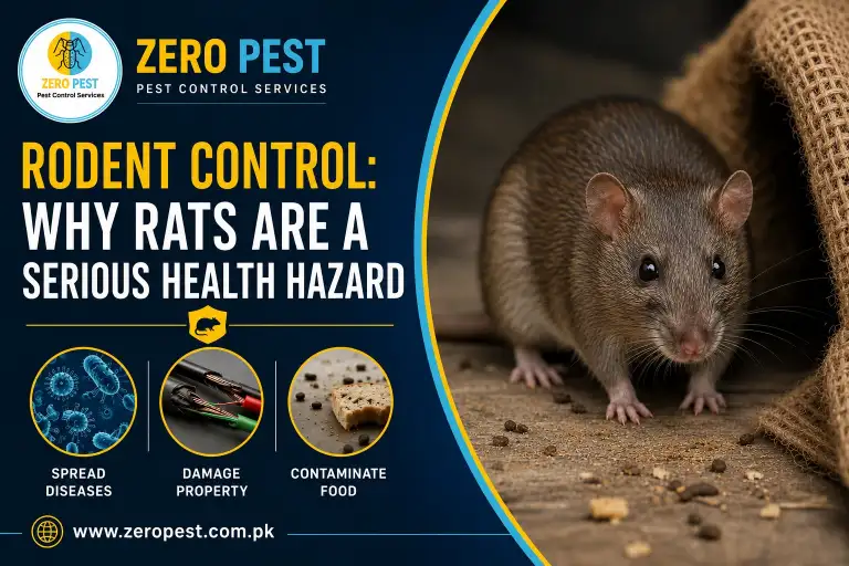 Professional rat control services infographic showing a rat, highlighting disease spread, property damage, and food contamination risks.
