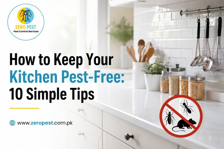 How to keep your kitchen pest-free with 10 simple tips, showing a clean modern kitchen, stored food containers, hanging utensils, and a pest prevention symbol featuring ants, cockroaches, and a mouse.